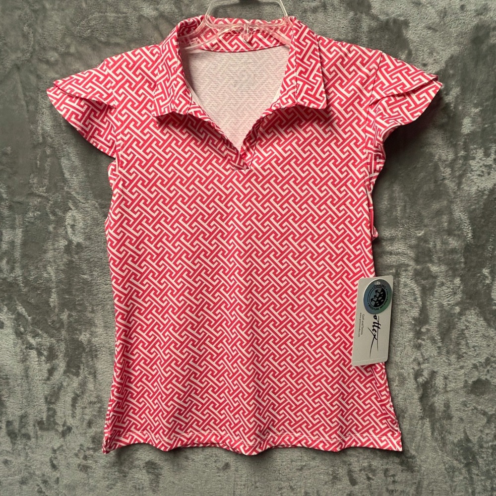 X By Gottex Coral Geometric Polo Shirt Women M Ruffle Sleeve Golf Tennis Resort